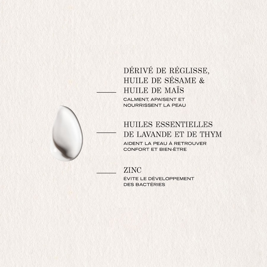 Présentation des actifs du baume PAYOT N°2 : dérivé de réglisse, huiles de sésame et de maïs, huiles essentielles et zinc.