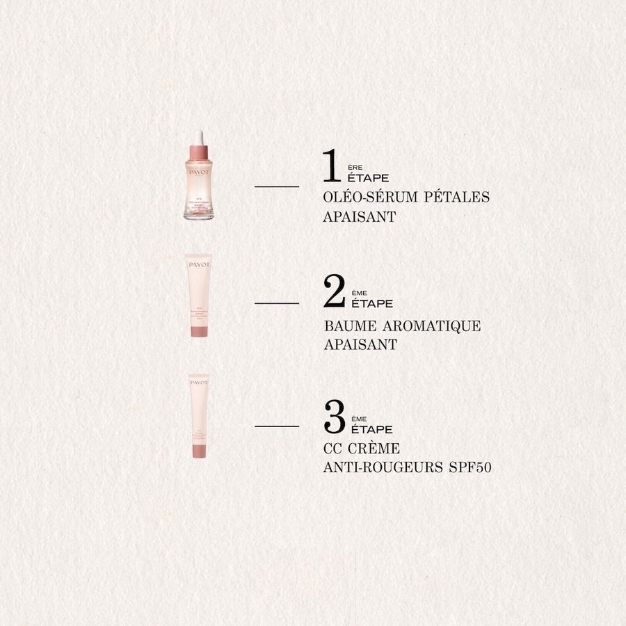 Routine PAYOT N°2 en trois étapes avec l’oléo-sérum, le baume aromatique apaisant et la CC crème SPF50.