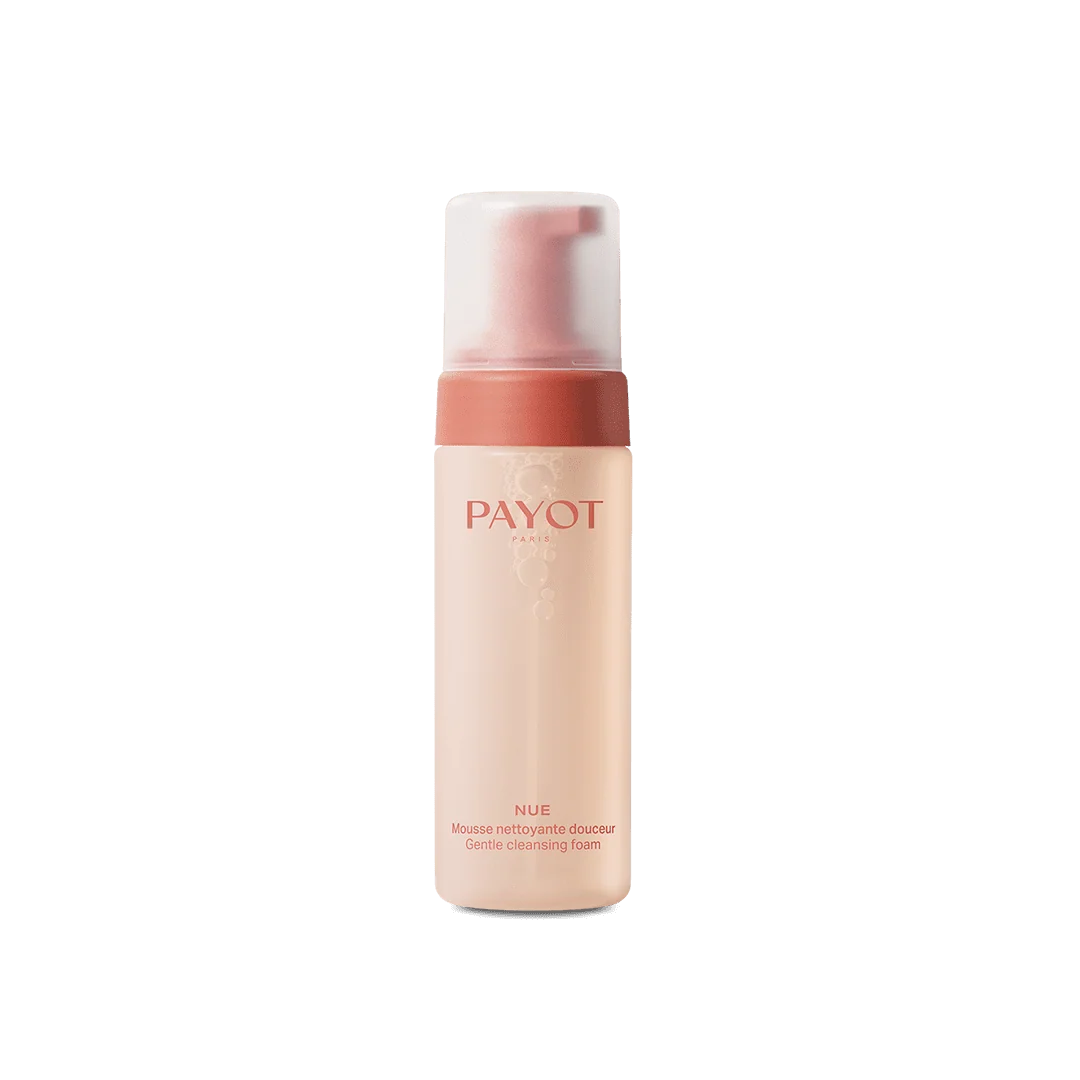 Flacon pompe PAYOT Nue Mousse Nettoyante Douceur 150 ml sur fond blanc.