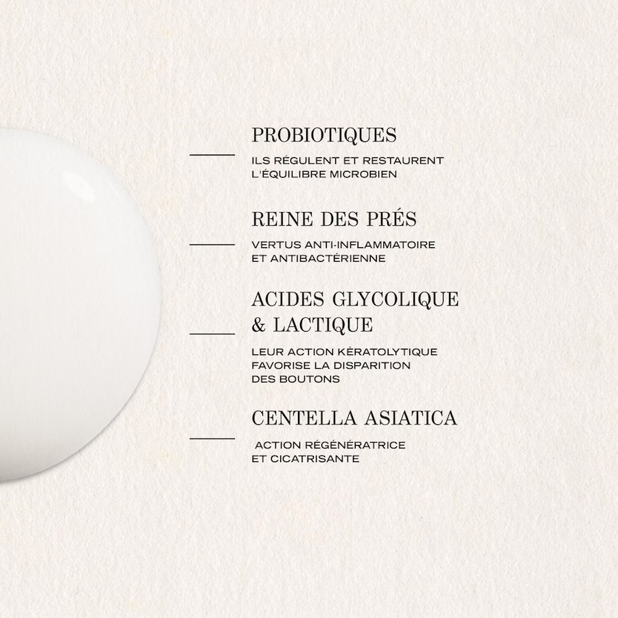Actifs du Cica-Gel PAYOT : probiotiques, reine-des-prés, acides glycolique et lactique, centella asiatica.