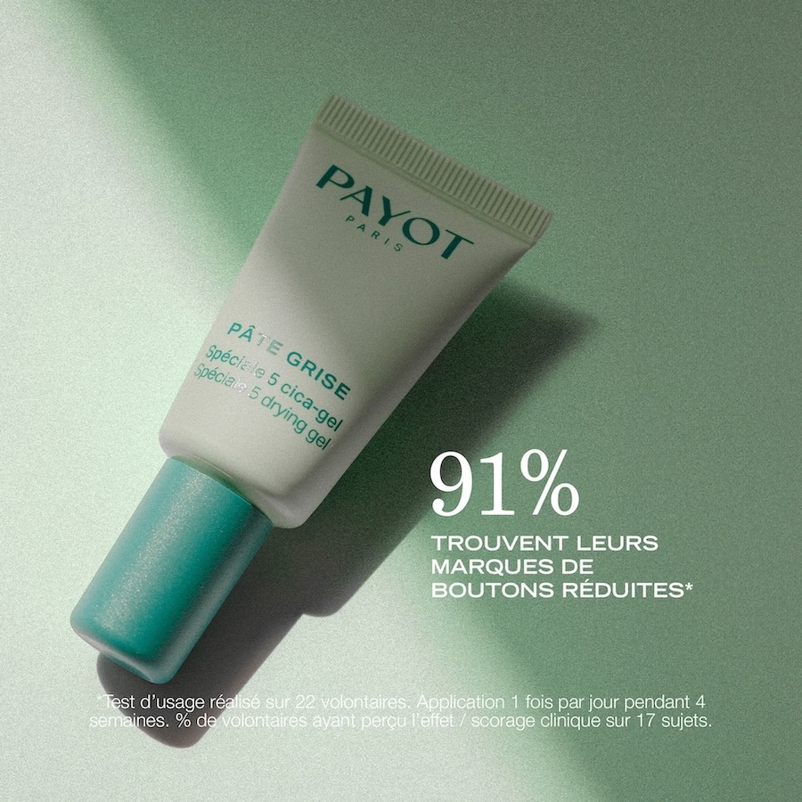 Cica-Gel PAYOT avec le résultat du test : 91 % des participants trouvent leurs marques de boutons réduites.