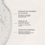Actifs de l’infusion PAYOT Source : extraits de pastèque et de figue, pétales de bleuet blanc et acide hyaluronique.