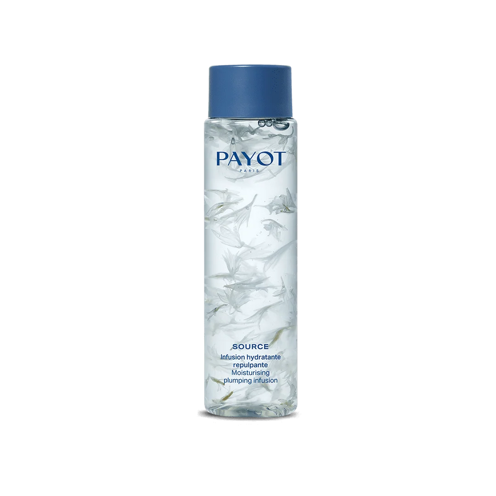 Flacon PAYOT Source Infusion Hydratante Repulpante 125 ml avec pétales en suspension, sur fond blanc.