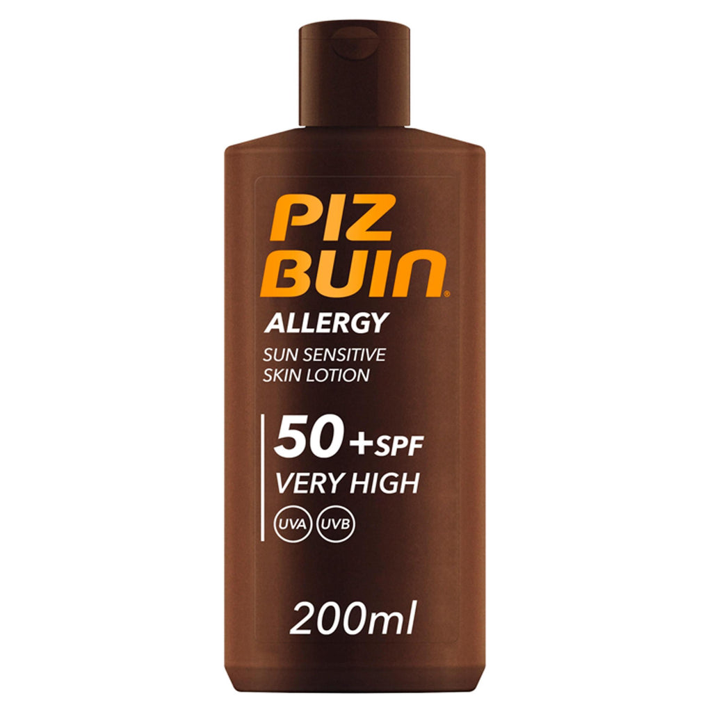 Flacon de lait solaire PIZ BUIN Allergy SPF 50+ 200 ml, très haute protection UVA/UVB pour les peaux sensibles au soleil.