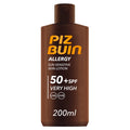 Flacon de lait solaire PIZ BUIN Allergy SPF 50+ 200 ml, très haute protection UVA/UVB pour les peaux sensibles au soleil.