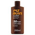Flacon de lait solaire PIZ BUIN Allergy SPF 50+ 200 ml, très haute protection UVA/UVB pour les peaux sensibles au soleil.