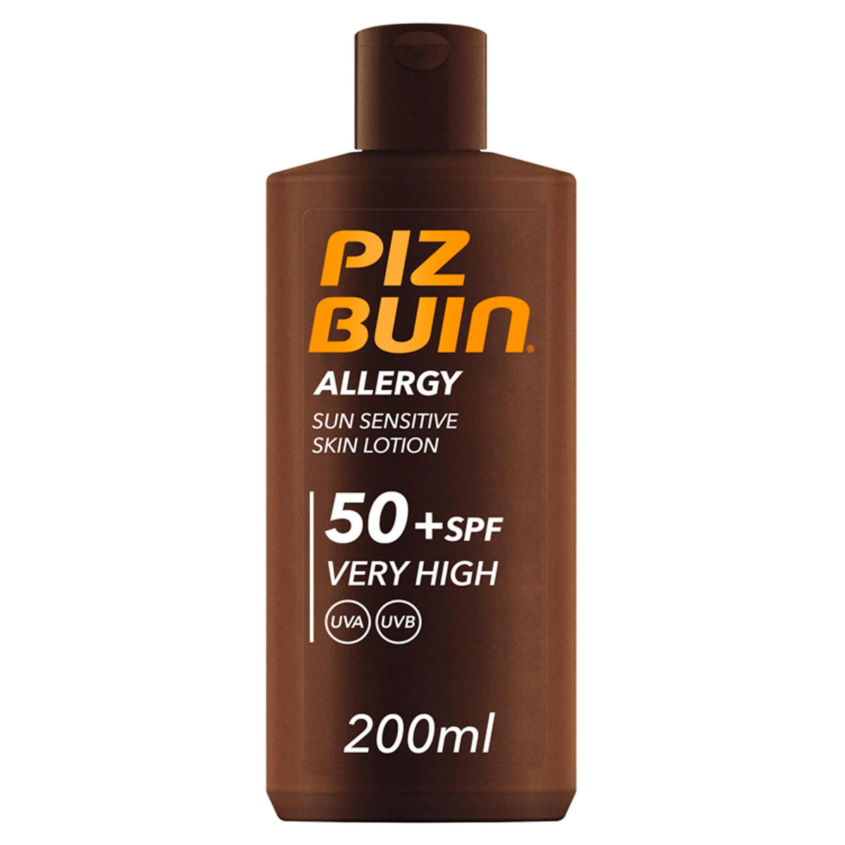 Flacon de lait solaire PIZ BUIN Allergy SPF 50+ 200 ml, très haute protection UVA/UVB pour les peaux sensibles au soleil.