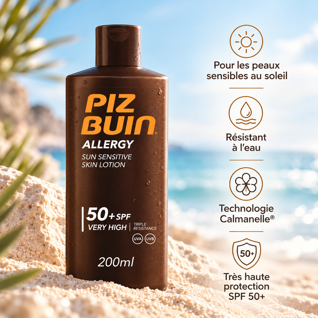 Flacon PIZ BUIN Allergy SPF 50+ 200 ml sur une plage, avec ses bénéfices : protection des peaux sensibles au soleil, résistance à l’eau et technologie Calmanelle.