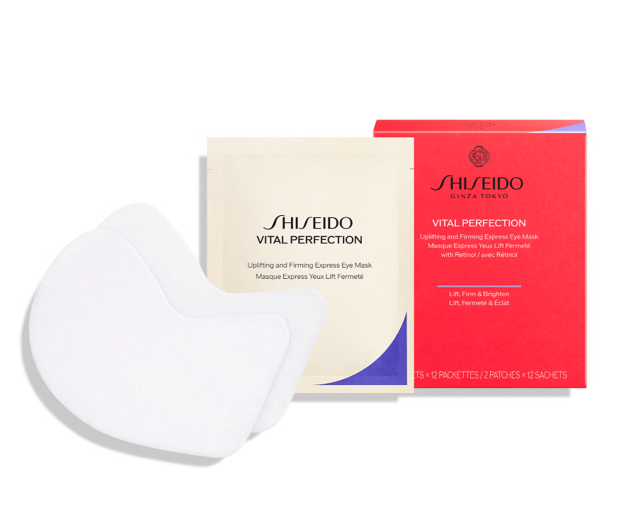 Boîte Shiseido Vital Perfection Masque Express Yeux Lift Fermeté, avec un sachet et deux patchs.