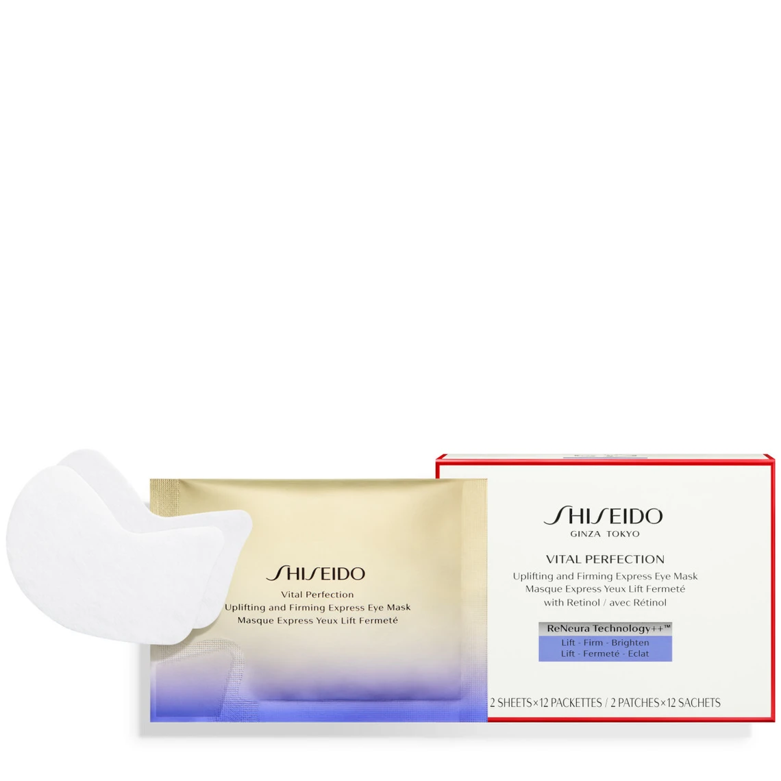 Boîte Shiseido Vital Perfection Masque Express Yeux, avec un sachet et un patch.